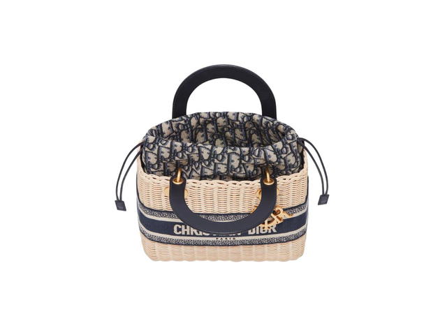 Dior Dior Medium Lady Dior Bag Natural Wicker And Blue Dior Oblique Jacquard - view 3