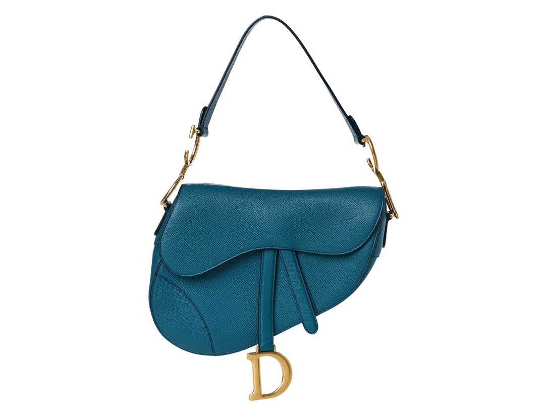Dior Dior Medium Saddle Bag With Strap In Grained Calfskin With Antique Gold-Finish Metal Blue