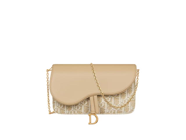 Dior Dior Medium Saddle Pouch With Chain In Smooth Calfskin Leather And Dior Oblique Jacquard With Gold Hardware Natural - view 1