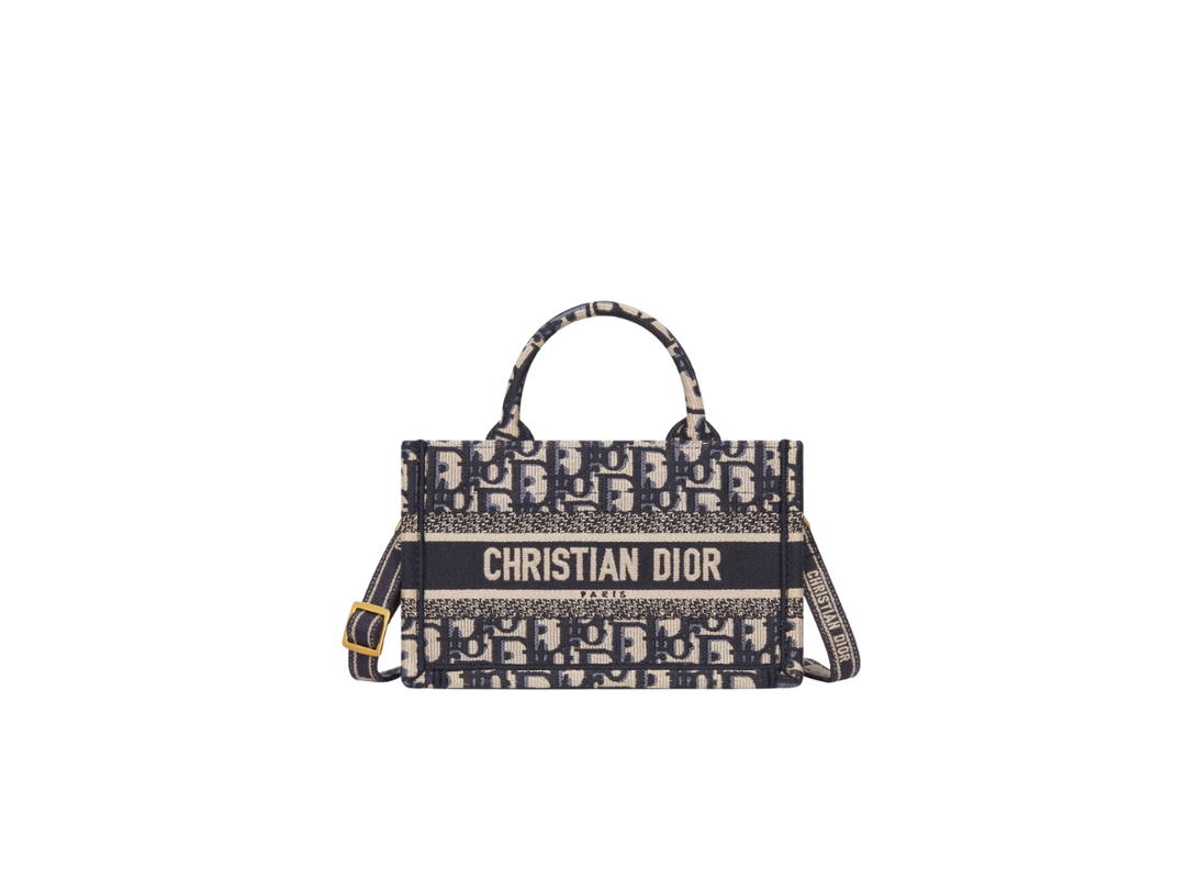 Dior Dior Mini Dior Book Tote With Strap In Blue and Beige Dior Oblique Embroidery With Pale Gold-Finish Metal