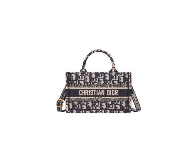 Dior Dior Mini Dior Book Tote With Strap In Blue and Beige Dior Oblique Embroidery With Pale Gold-Finish Metal - view 1
