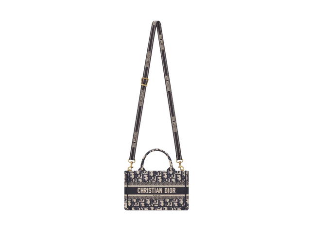 Dior Dior Mini Dior Book Tote With Strap In Blue and Beige Dior Oblique Embroidery With Pale Gold-Finish Metal - view 3