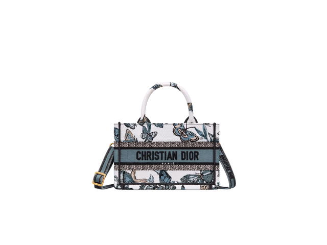 Dior Dior Mini Dior Book Tote With Strap In White And Pastel Midnight Blue Toile De Jouy Mexico Embroidery With Pale Gold-Finish Metal - view 1