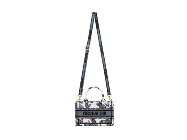 Dior Dior Mini Dior Book Tote With Strap In White And Pastel Midnight Blue Toile De Jouy Mexico Embroidery With Pale Gold-Finish Metal - view 3