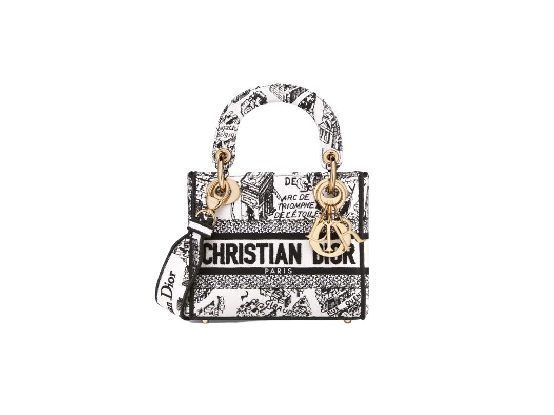 Dior Dior Mini Lady D-Lite Bag In White and Black Plan de Paris Embroidery With Gold-Finish Metal Hardware