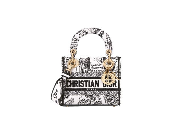 Dior Dior Mini Lady D-Lite Bag In White and Black Plan de Paris Embroidery With Gold-Finish Metal Hardware - view 1