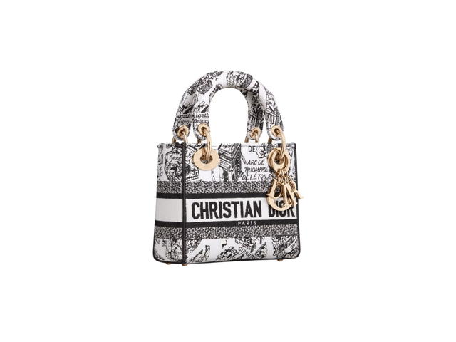 Dior Dior Mini Lady D-Lite Bag In White and Black Plan de Paris Embroidery With Gold-Finish Metal Hardware - view 2