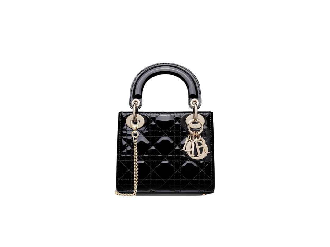 Dior Dior Mini Lady Dior Bag In Black Patent Cannage Calfskin With Gold-Finish Metal Hardware