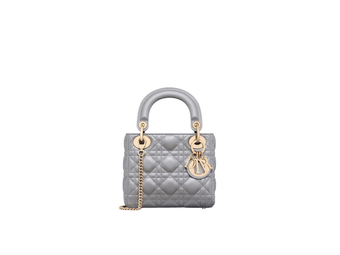 Dior Dior Mini Lady Dior Bag In Opaline Gray Pearlescent Cannage Lambskin With Pale Gold-Finish Metal