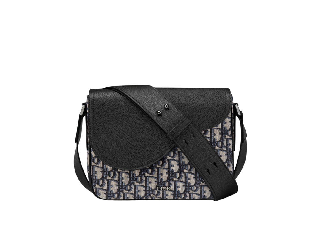 Dior Dior Mini Saddle Messenger Bag In Oblique Jacquard Black Grained Calfskin With Aluminum Buckle Beige Black