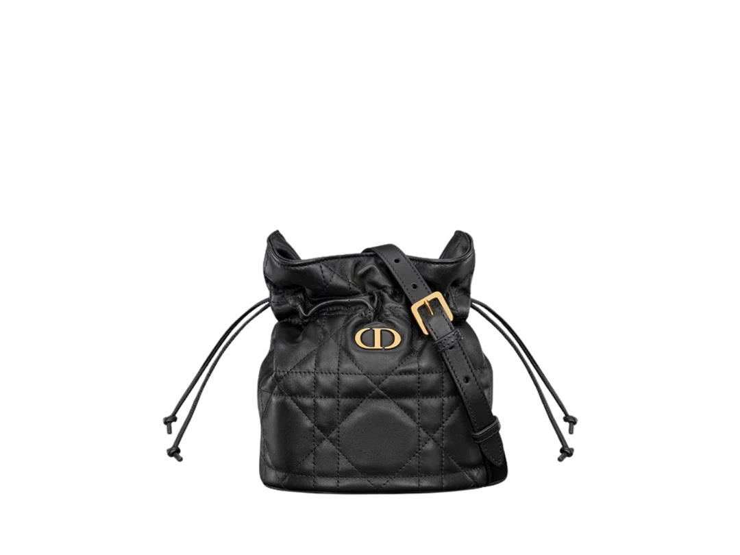 Dior Dior Miss Caro Mini Bucket Bag With Drawstring In Macrocannage Lambskin Leather With Gold Hardware Black