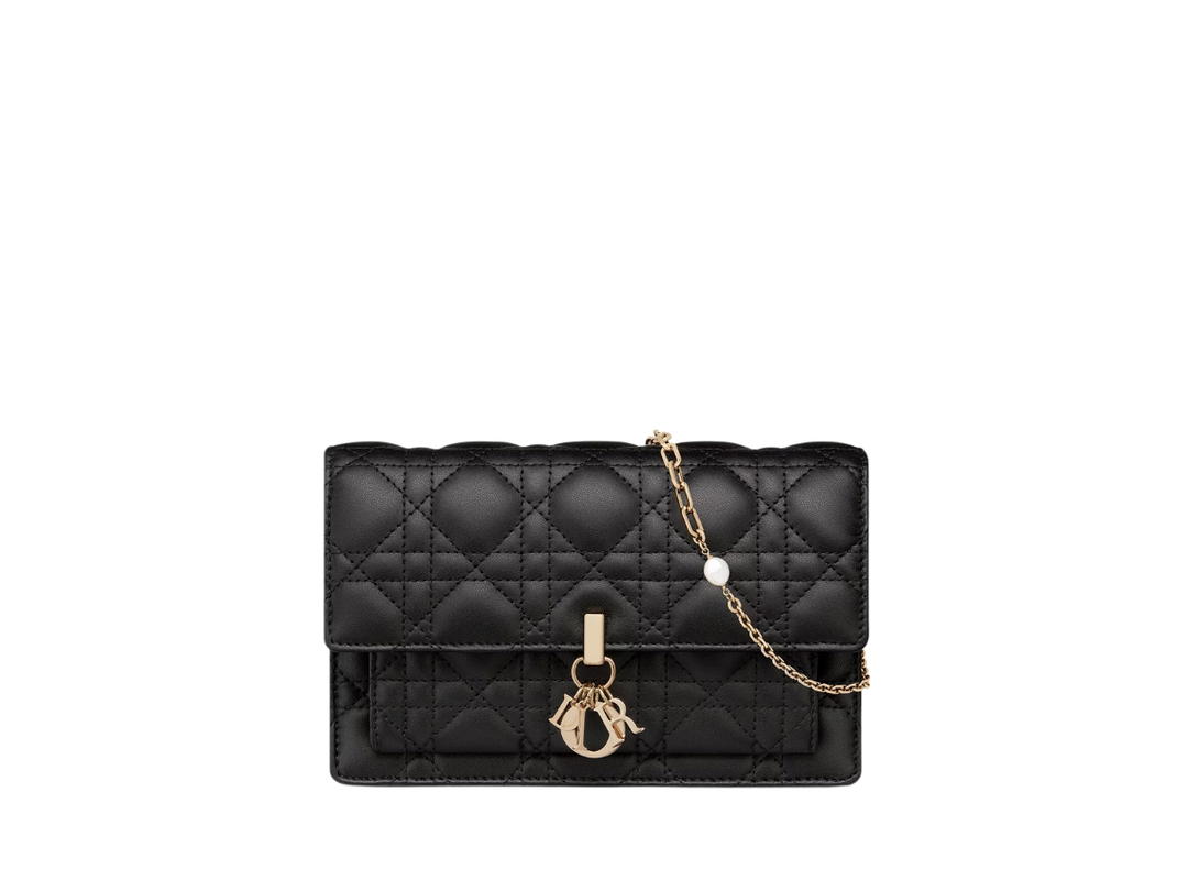 Dior Dior My Dior Daily Pouch With Chain In Black Cannage Lambskin With Gold Hardware