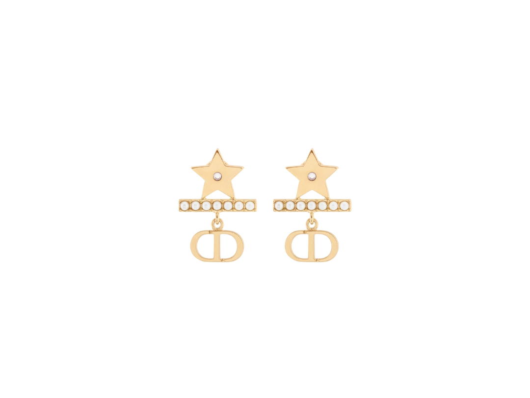Dior Dior Petit CD Earrings In Gold-Finish Metal with White Resin Pearls and Silver-Tone Crystals