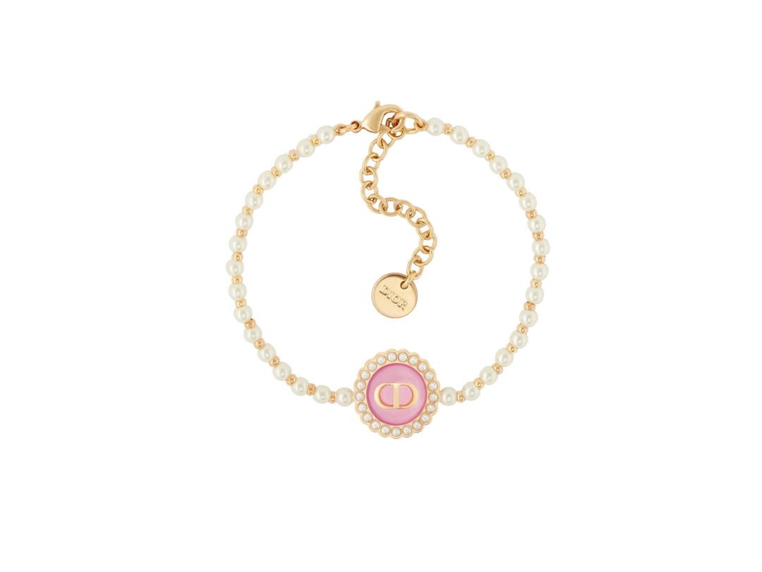 Dior Dior Petit CD Baroque Bracelet In Gold-Finish Metal With White Resin Pearls And Cadmium Pink Glass
