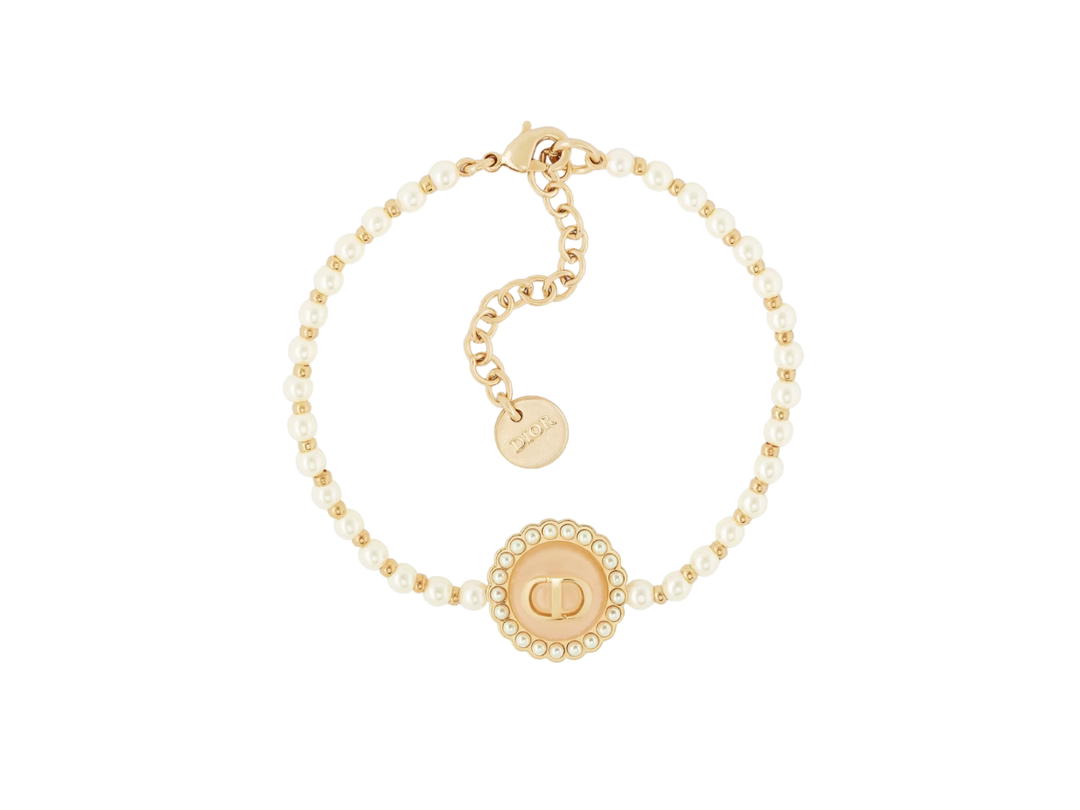 Dior Dior Petit CD Baroque Bracelet In Gold-Finish Metal With White Resin Pearls And Pastel Mustard Glass