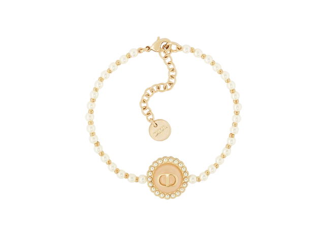 Dior Dior Petit CD Baroque Bracelet In Gold-Finish Metal With White Resin Pearls And Pastel Mustard Glass - view 1