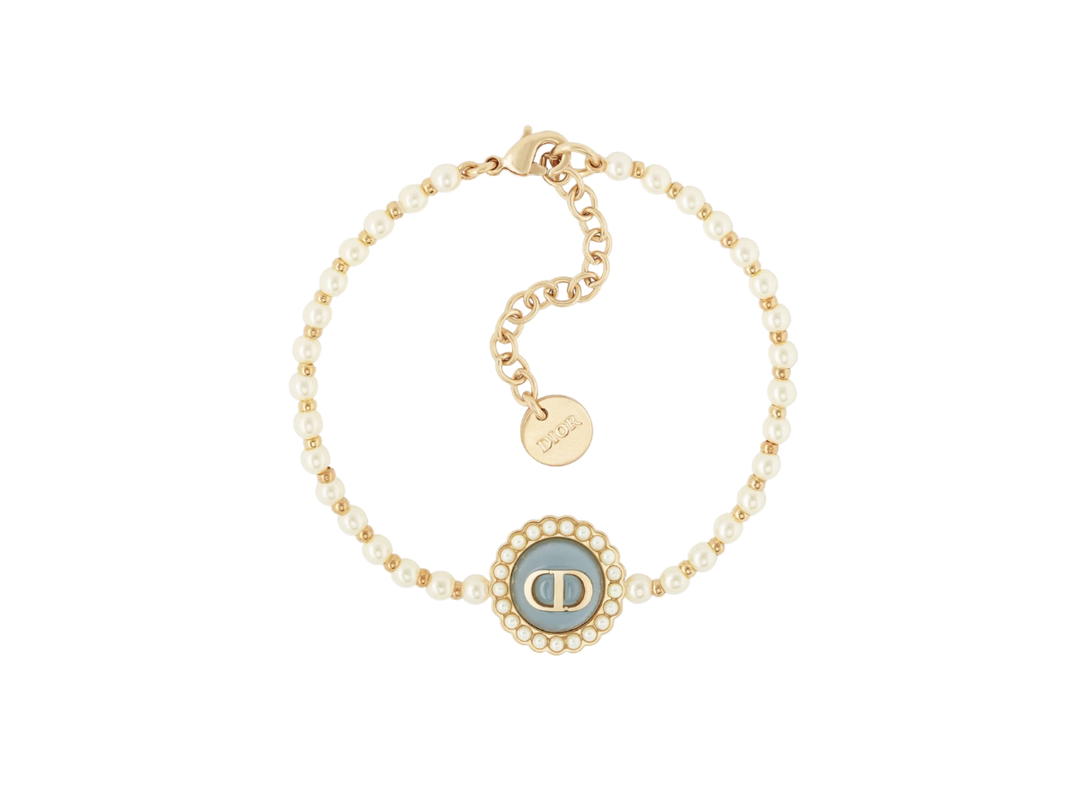 Dior Dior Petit CD Baroque Bracelet In Gold-Finish Metal With White Resin Pearls And Sky Blue Glass