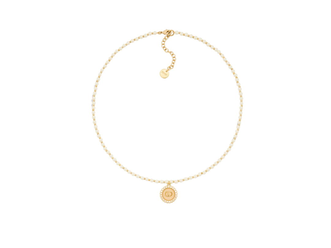 Dior Dior Petit CD Baroque Necklace In Gold-Finish Metal With White Resin Pearls And Pastel Mustard Glass