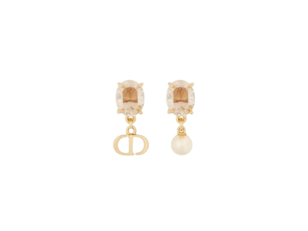 Dior Dior Petit CD Earrings In Gold-Finish Metal with White Resin Pearl and Champagne- Colored Crystals