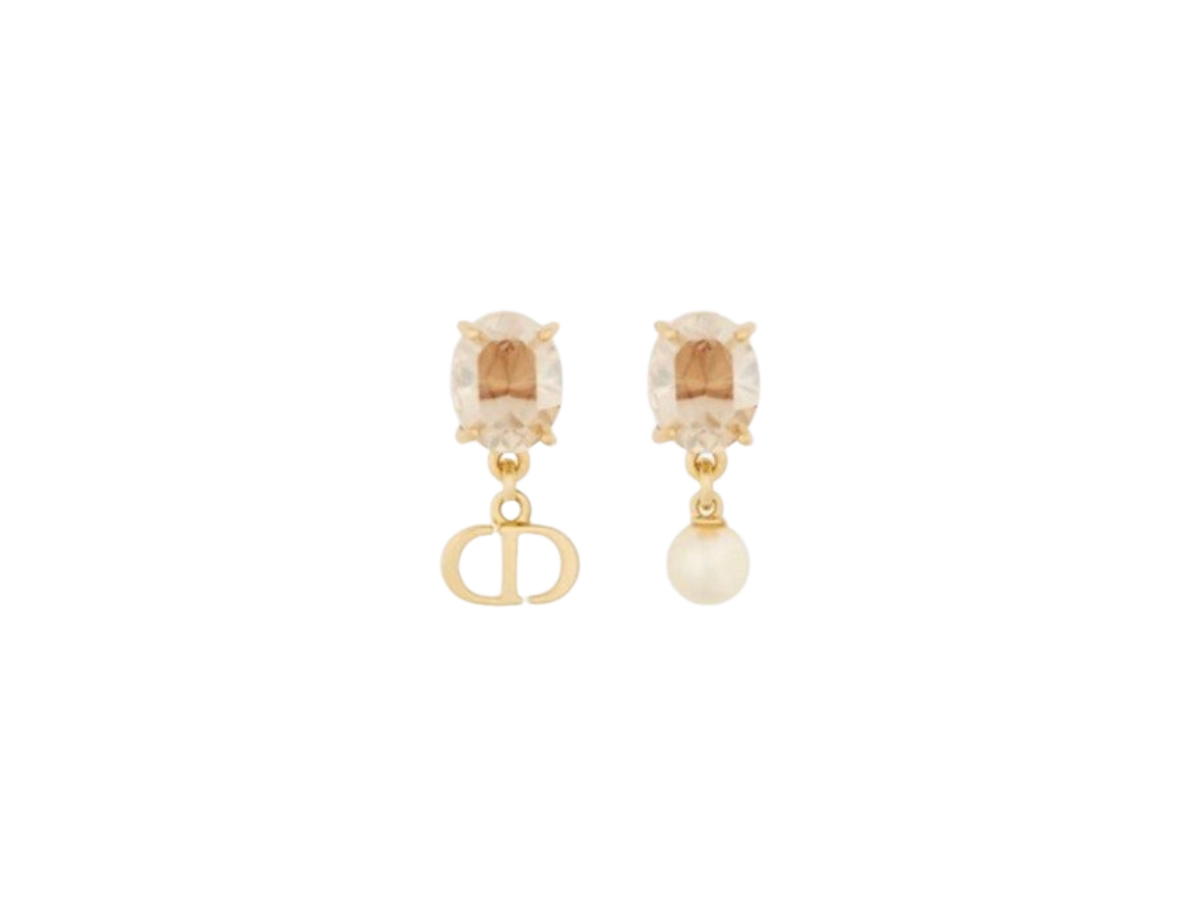 Dior Dior Petit CD Earrings In Gold-Finish Metal with White Resin Pearl and Champagne- Colored Crystals