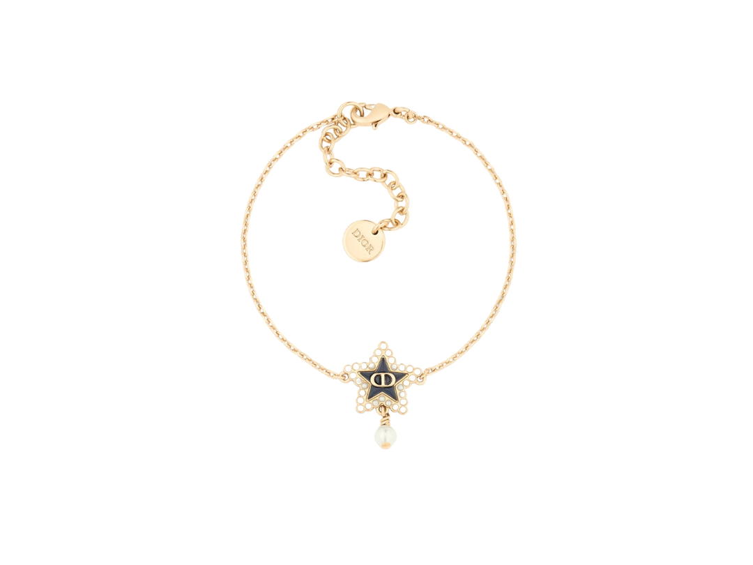 Dior Dior Petit CD Lucky Baroque Bracelet In Gold-Finish Metal With White Resin Pearls And Deep Ocean Blue Glass