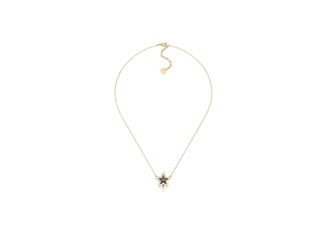 Dior Dior Petit CD Lucky Baroque Necklace In Gold-Finish Metal with White Resin Pearls and Deep Ocean Blue Glass Hardware Gold