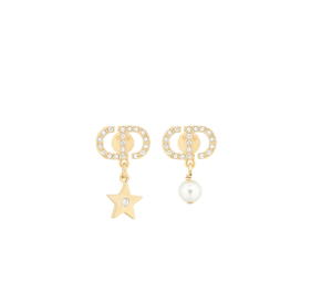 Dior Petit CD Lucky Charms Earrings In Gold-Finish Metal And Silver Tone Crystals With White Resin Pearls