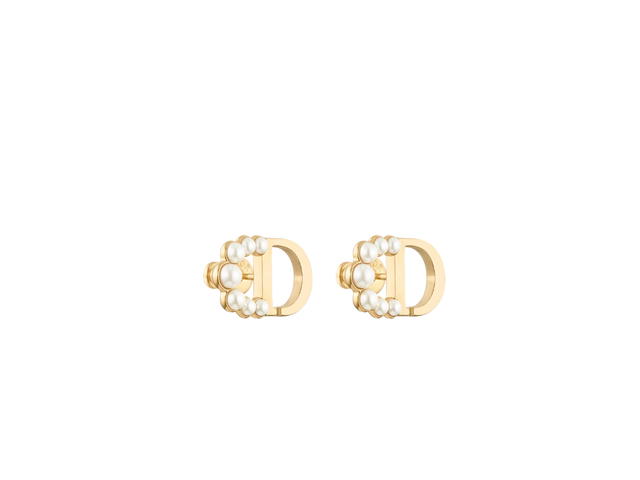 Dior Dior Petit CD Medium Stud Earrings In Gold-Finish Metal and White Resin Pearls - view 2