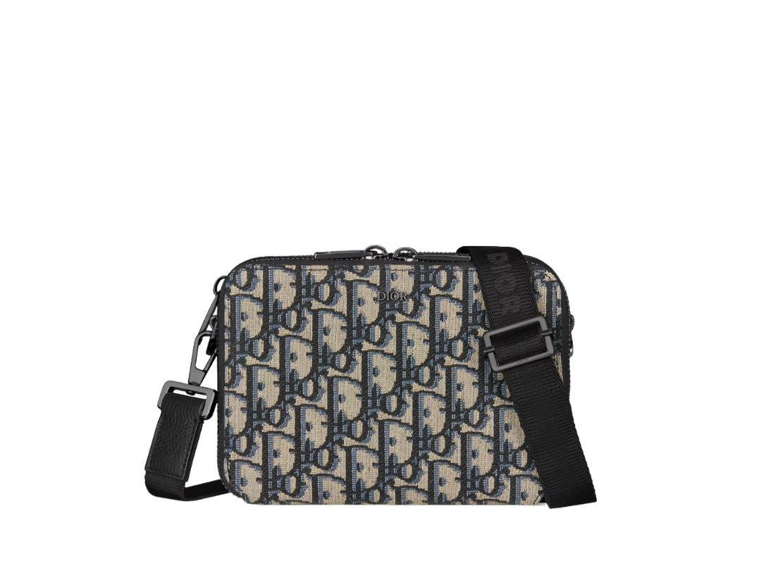 Dior Dior Zipped Pouch With Strap In Beige And Black Dior Oblique Jacquard With Ruthenium - Finish Hardware
