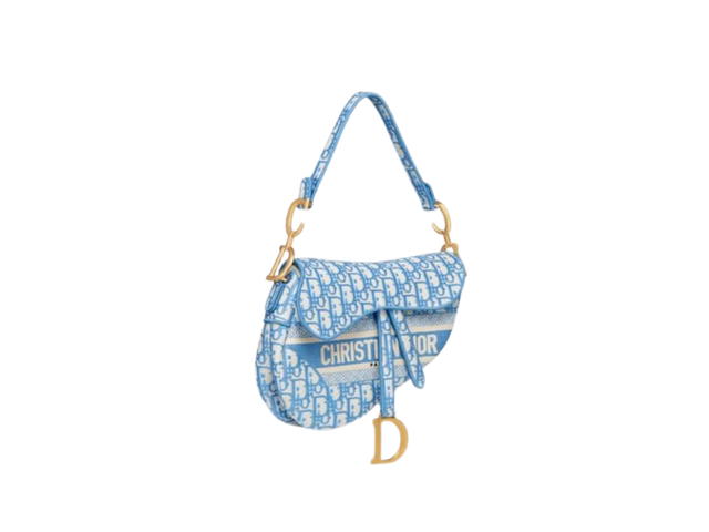 Dior Dior Saddle Bag In Cornflower Blue Oblique Embroidery With Gold Hardware - view 1