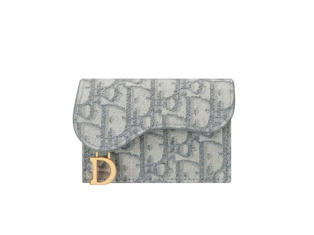 Dior Dior Saddle Flap Card Holder In Gray Dior Oblique Jacquard With Gold-Finish Metal