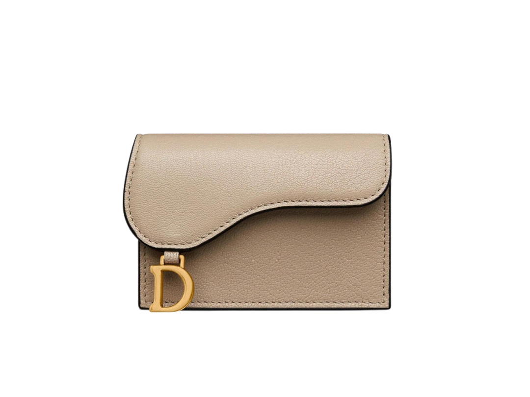 Dior Dior Saddle Flap Card Holder In Sand-Colored Goatskin With Gold-Finish Metal