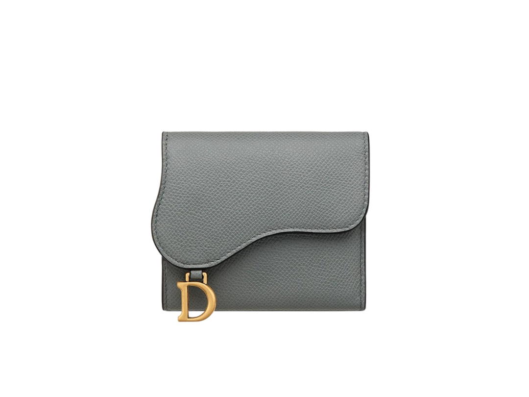 Dior Dior Saddle Lotus Wallet In Grained Calfskin With Gold-tone Hardware Gray