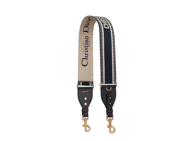 Dior Dior Shoulder Strap With Ring In Blue Embroidery Black Calfskin With Antique Gold-Finish Metal Hardware - view 1