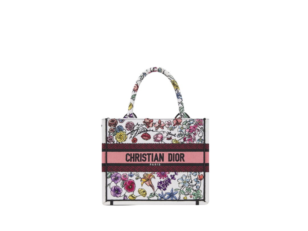 Dior Dior Small Dior Book Tote Bag In White Multicolor Florilegio Embroidery With Christian Dior Paris Signature