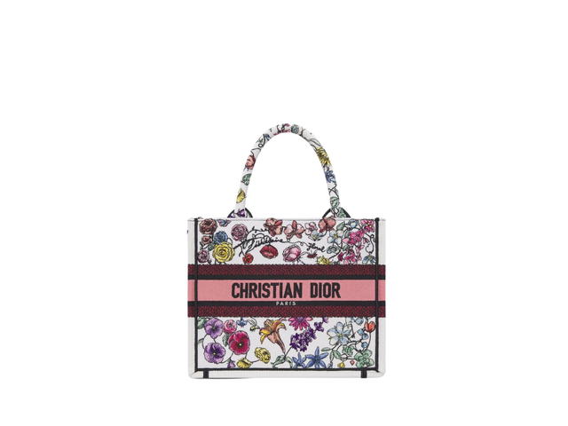 Dior Dior Small Dior Book Tote Bag In White Multicolor Florilegio Embroidery With Christian Dior Paris Signature - view 1