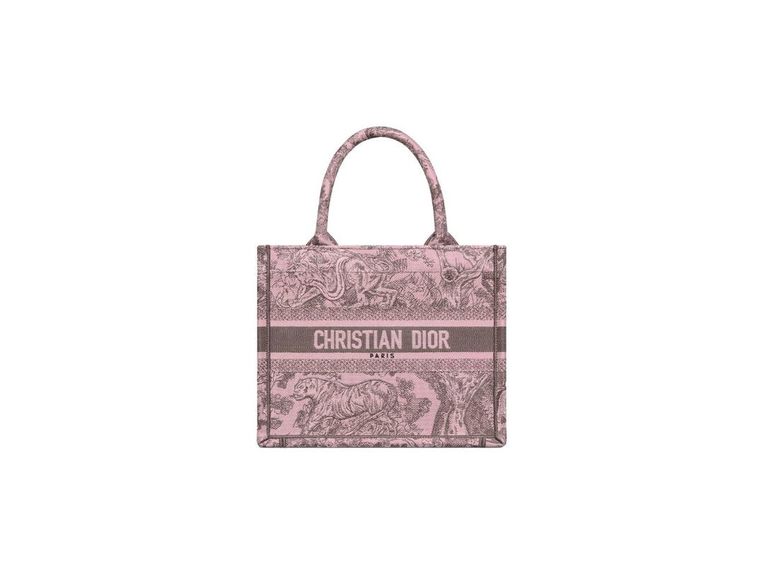 Dior Dior Small Dior Book Tote In Pink And Gray Toile De Jouy Sauvage Embroidery