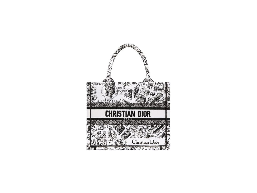 Dior Dior Small Dior Book Tote In White And Black Plan De Paris Embroidery