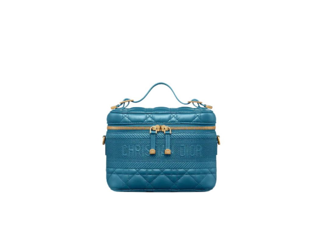 Dior Dior Small Diortravel Vanity Case In Cannage Lambskin With Shiny Antique Gold-Finish Metal Steel Blue