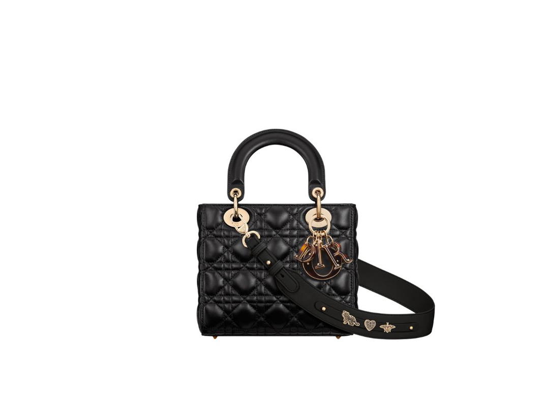 Dior Dior Small Lady Dior My ABCDior Bag In Black Cannage Lambskin With Pale Gold-Finish Metal And Brown Tortoiseshell-Effect Resin