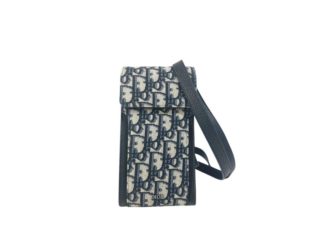 Dior Dior Smartphone Pouch Shoulder Bag In Navy Oblique Canvas With Black Leather Trim