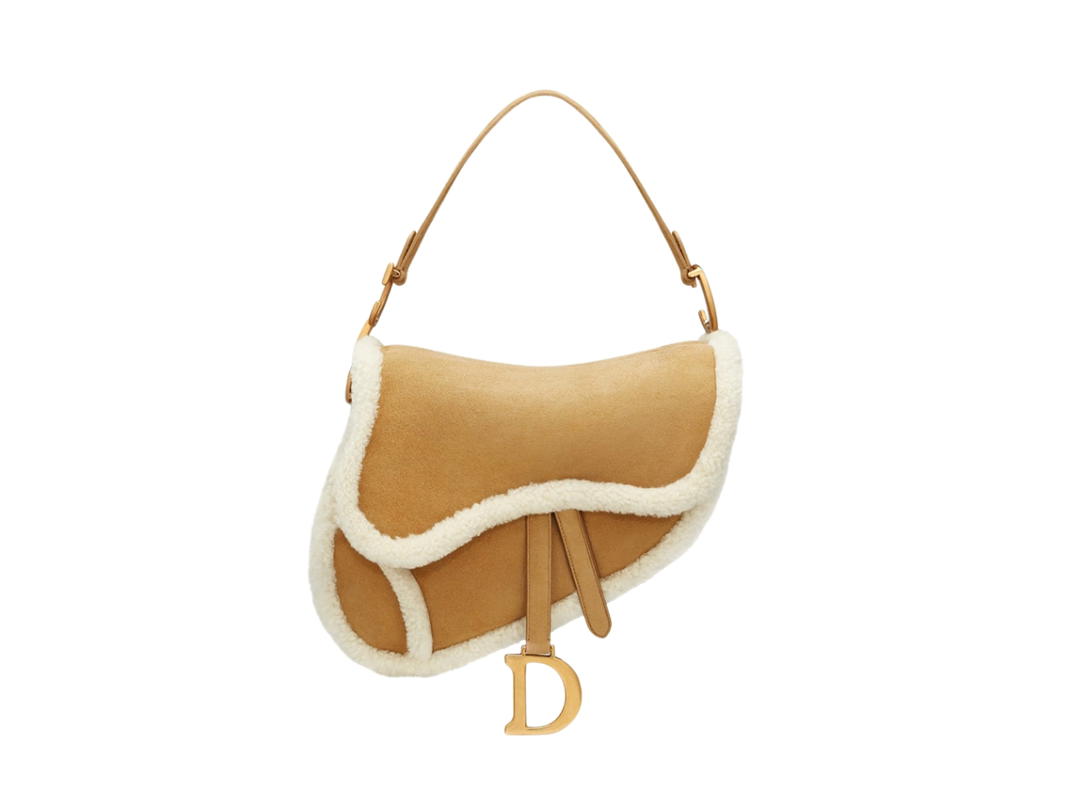 Dior Dior Shearling Saddle Bag In White Shearing Trim Suede Leather With Gold-tone Hardware Camel