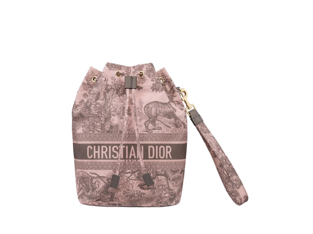 Dior Dior Travel Pouch In Gray And Pink Technical Fabric Toile De Jouy Sauvage Motif With Gold Color Hardware