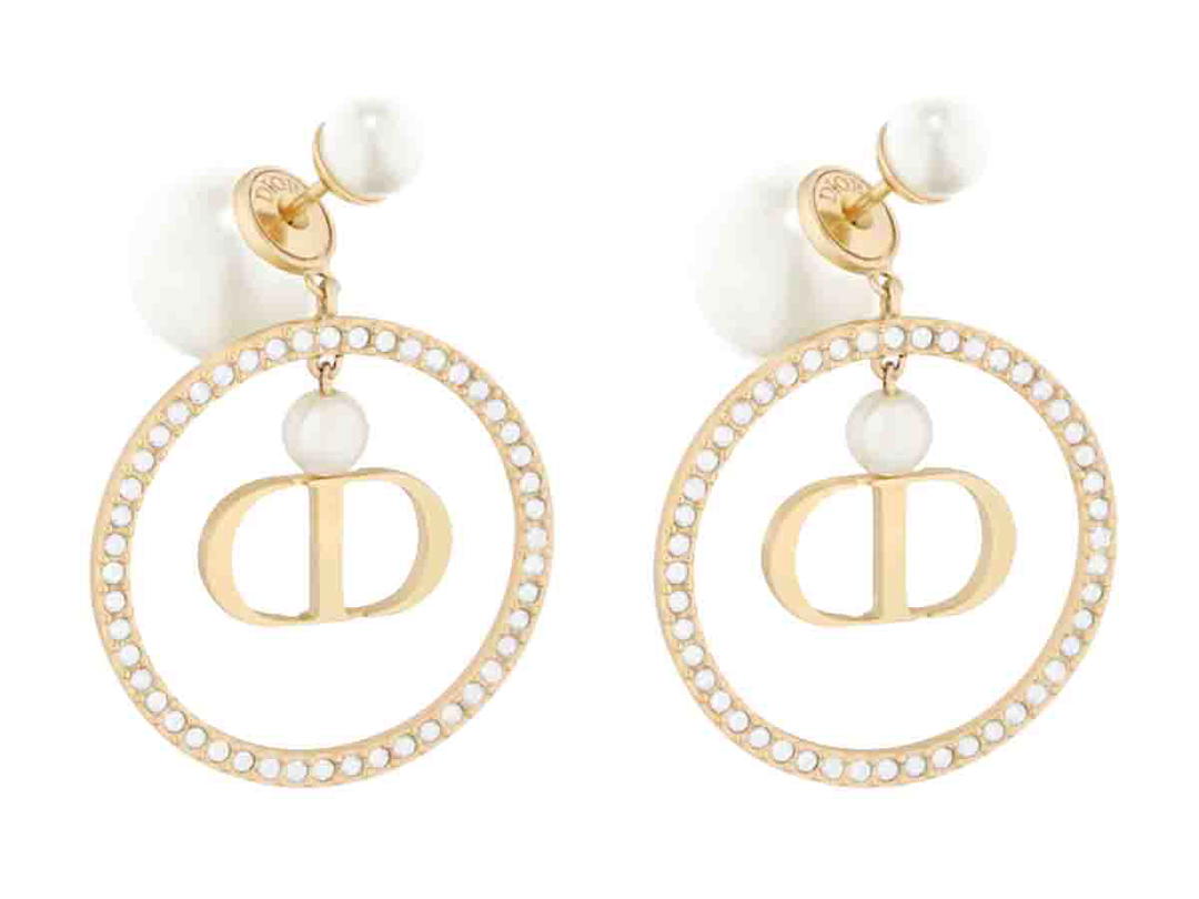 Dior Dior Tribales Earrings Gold Finish Metal White Resin Pearls and White Crystals