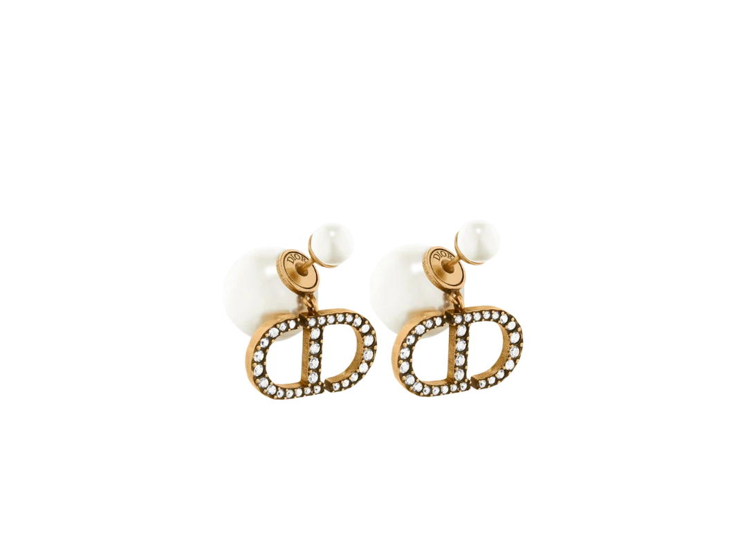 Dior Dior Tribales Earrings In Antique Gold Finish Metal With White Resin Pearls And White Crystals