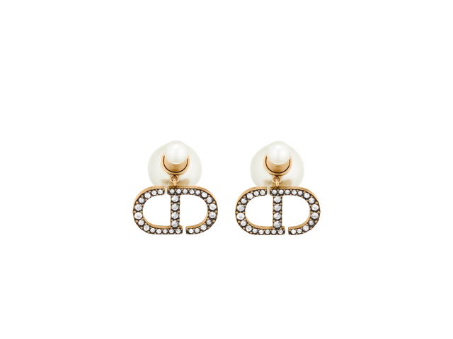 Dior Dior Tribales Earrings In Antique Gold Finish Metal With White Resin Pearls And White Crystals - view 2