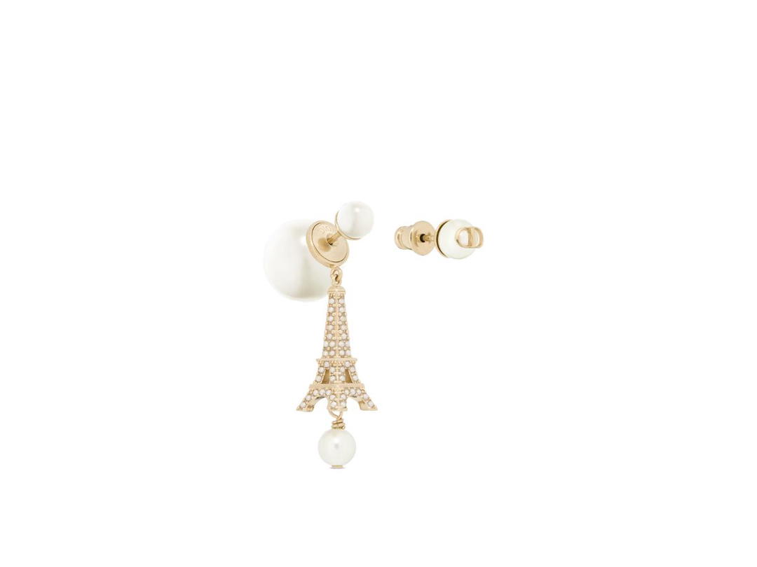 Dior Dior Tribales Earrings In Eiffel Tower Charm Gold-Finish Metal And White Resin Pearls
