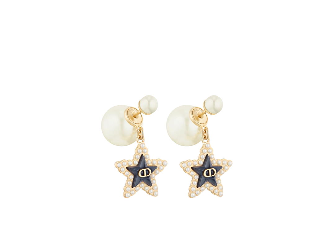Dior Dior Tribales Earrings In Gold-Finish Metal with White Resin Pearls and Deep Ocean Blue Glass
