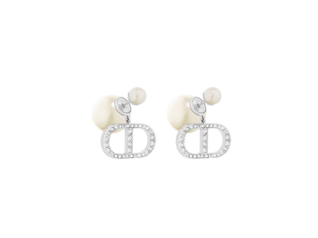 Dior Dior Tribales Earrings In Silver-Finish Metal With White Resin Pearls And Silver-Tone Crystals