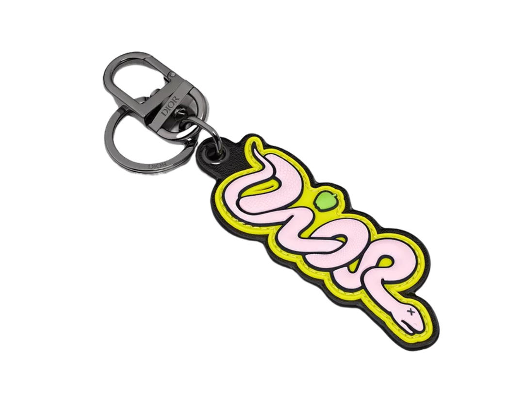 Dior Dior X KAWS Key Ring Yellow Grained Calfskin And Pink And Yellow Rubber